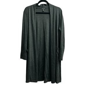 Eileen Fisher Gray Long Open Long Sleeve Cardigan 100% Wool Pockets Petite M